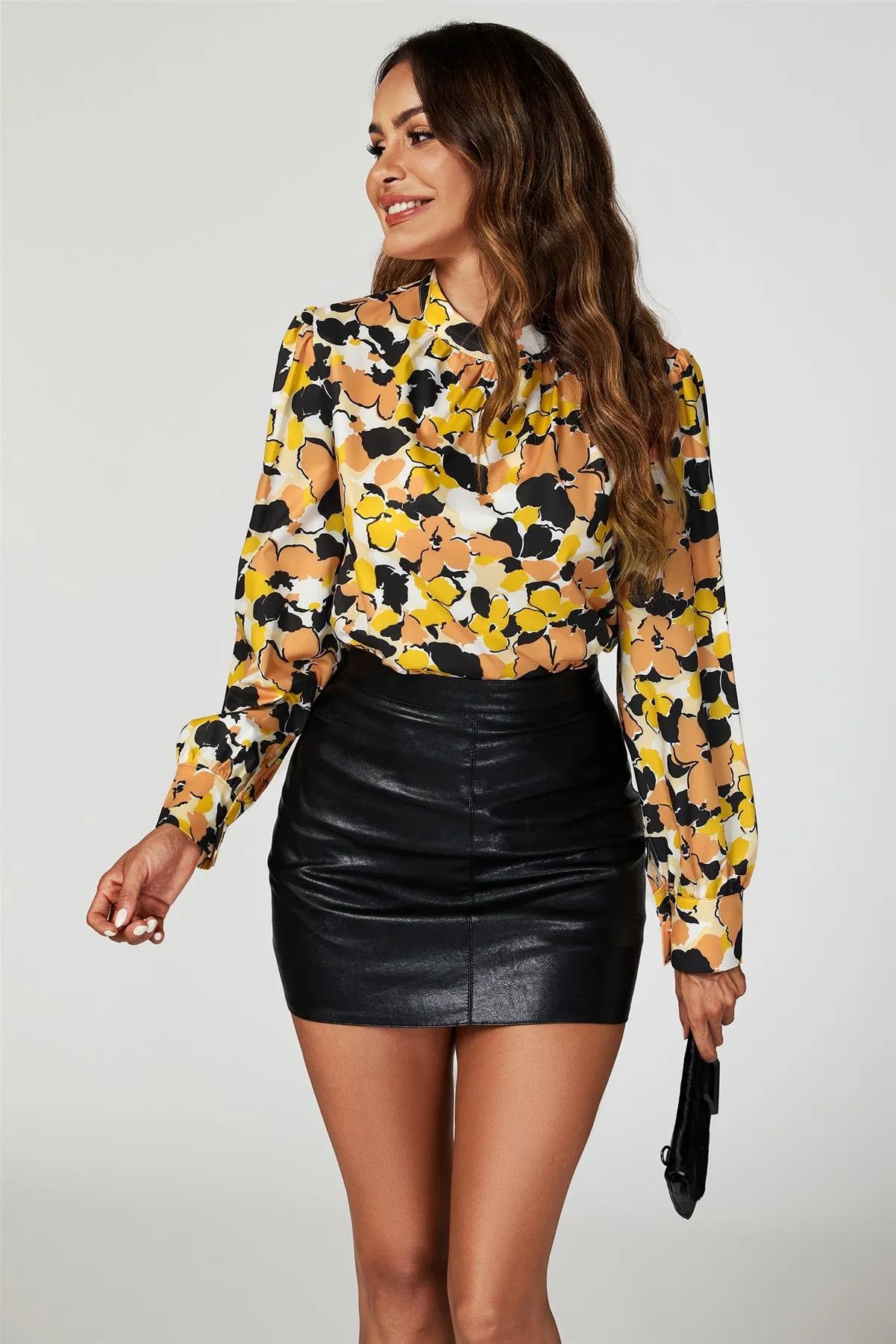 FS Collection Floral Print Long Sleeve High Neck Top In Yellow