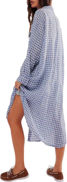 Gacaky Women's Lightweight Casual Loose Long Sleeve Button Down Striped Maxi Shirt Dress with Pockets