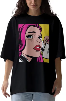 Girl on Phone Anime Oversized T-Shirts for Women, 100% Cotton T-Shirts, Perfect for Casual Wear & Gifting | WB.6.63