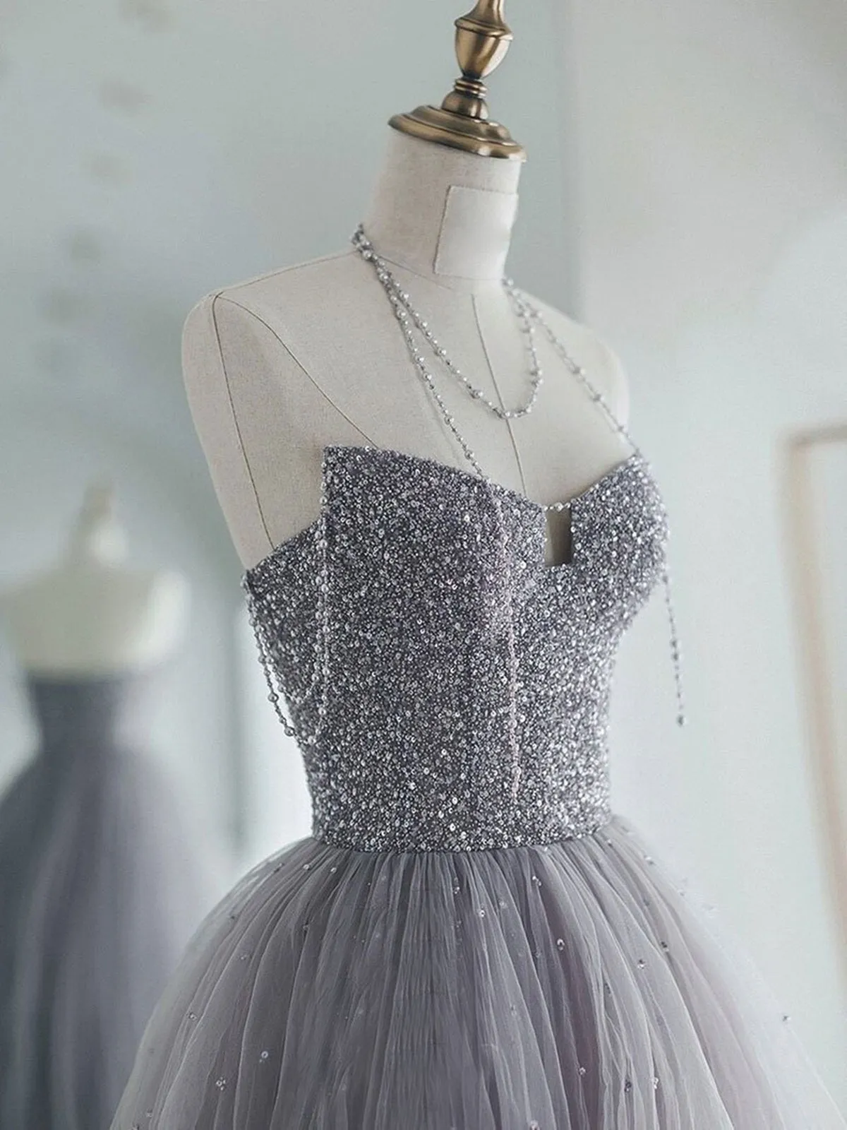 Gorgeous Off the Shoulder Gray Beaded Long Prom Dresses, Off Shoulder Gray Formal Evening Dresses, Beaded Gray Ball
