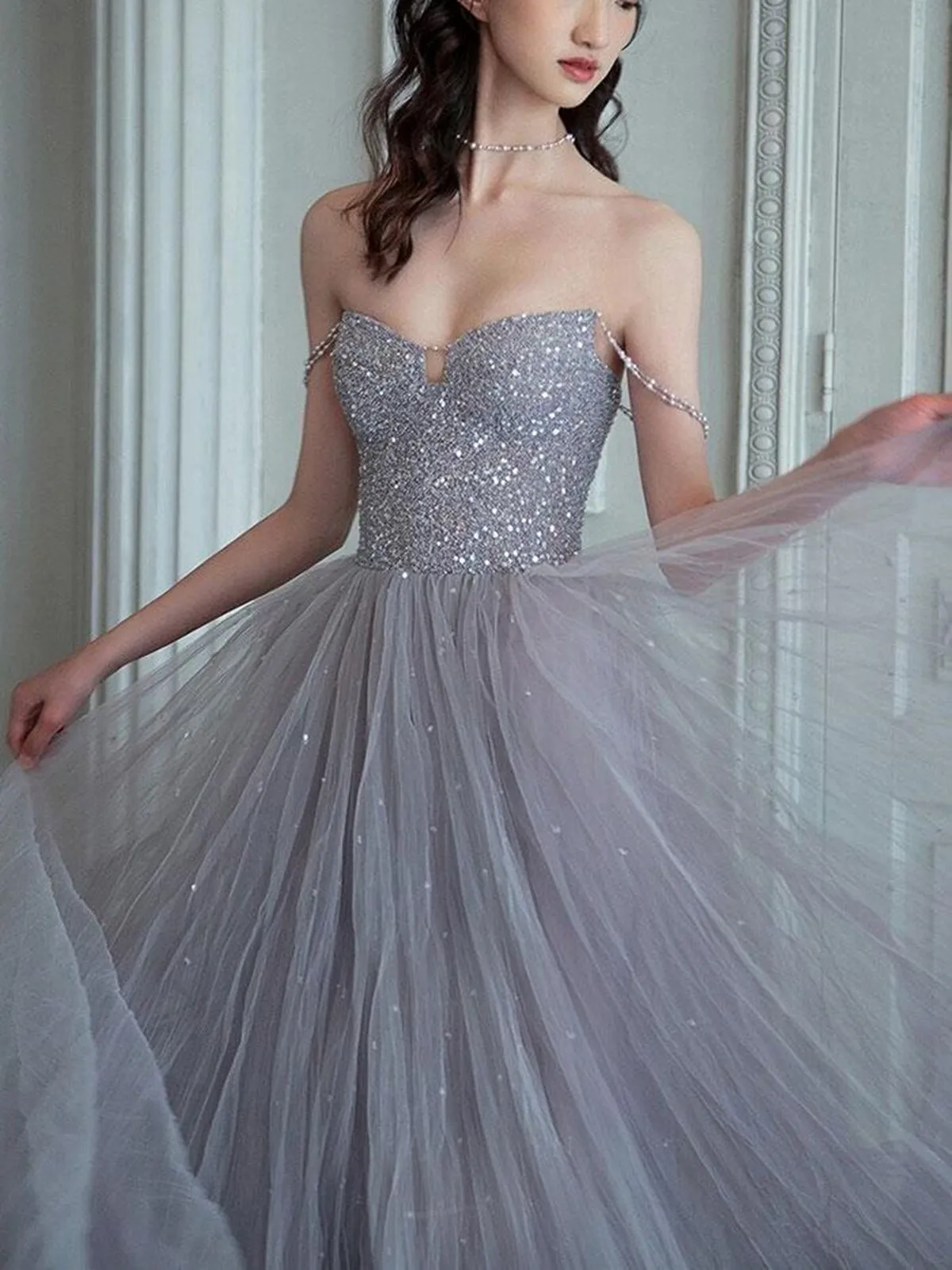 Gorgeous Off the Shoulder Gray Beaded Long Prom Dresses, Off Shoulder Gray Formal Evening Dresses, Beaded Gray Ball