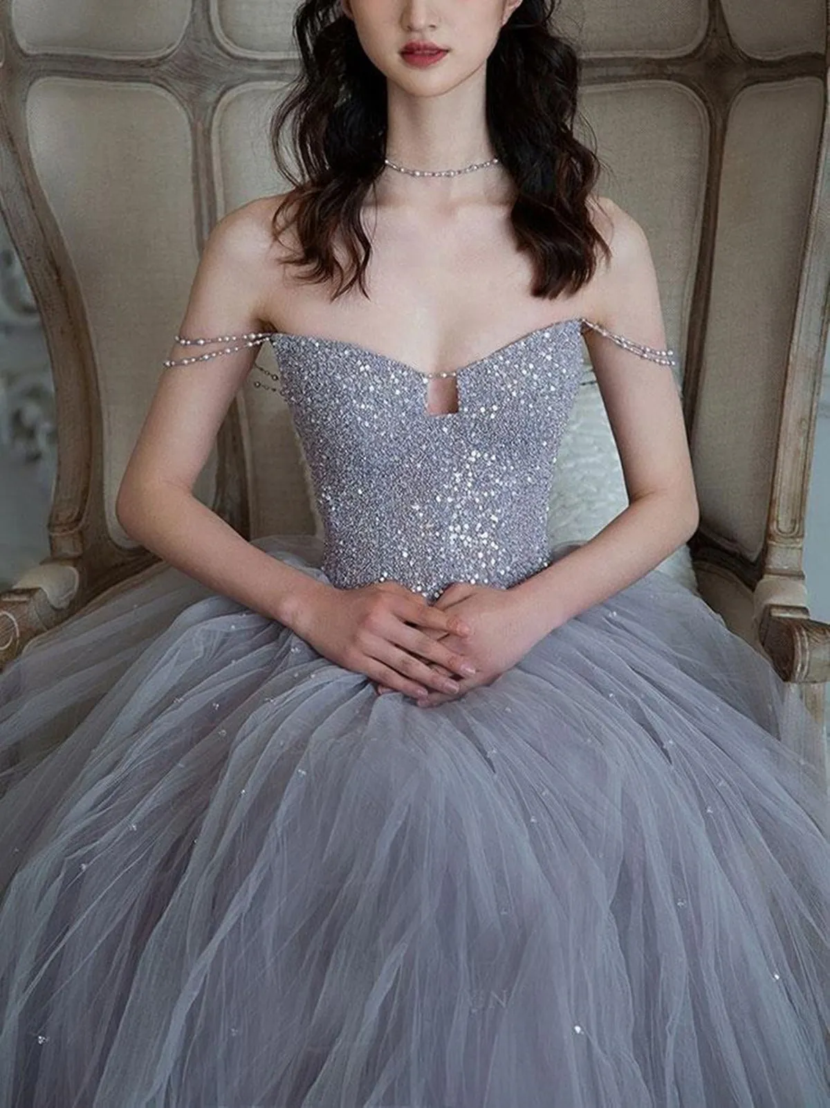 Gorgeous Off the Shoulder Gray Beaded Long Prom Dresses, Off Shoulder Gray Formal Evening Dresses, Beaded Gray Ball