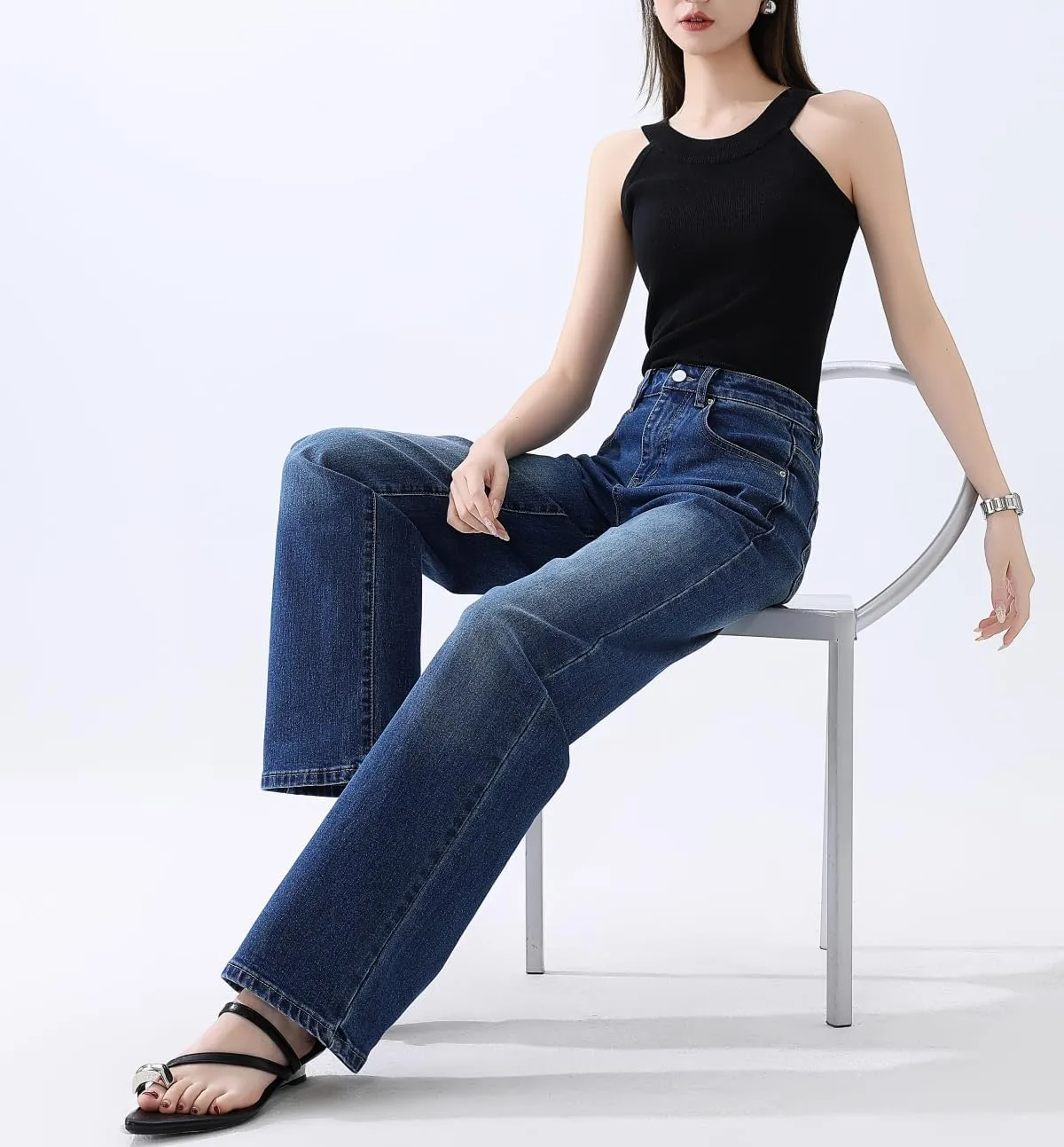 High Waisted Jeans for Women Straight Leg Stretchy Trendy Baggy Casual Lady Basic Wide Leg Denim Pants