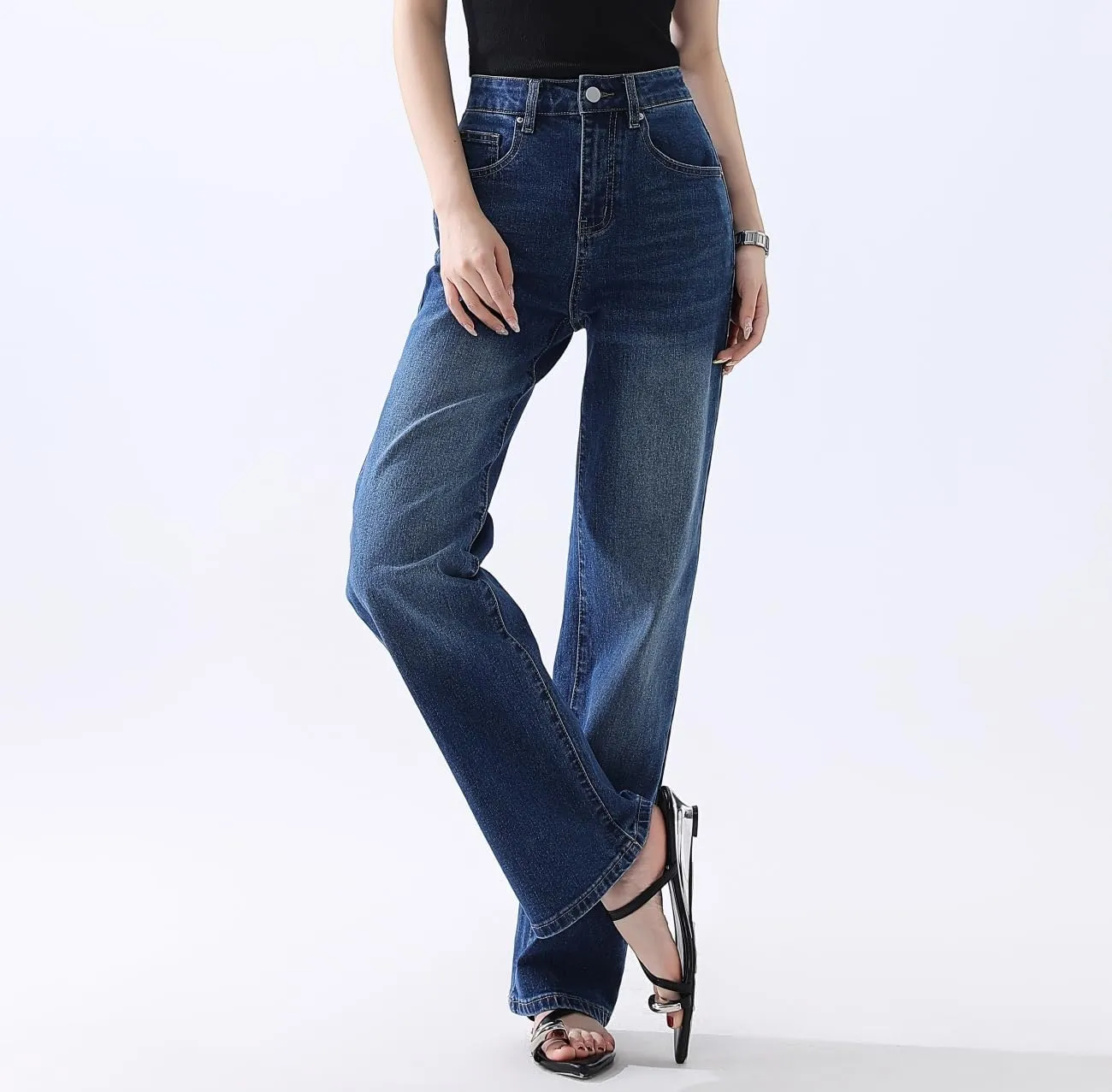 High Waisted Jeans for Women Straight Leg Stretchy Trendy Baggy Casual Lady Basic Wide Leg Denim Pants