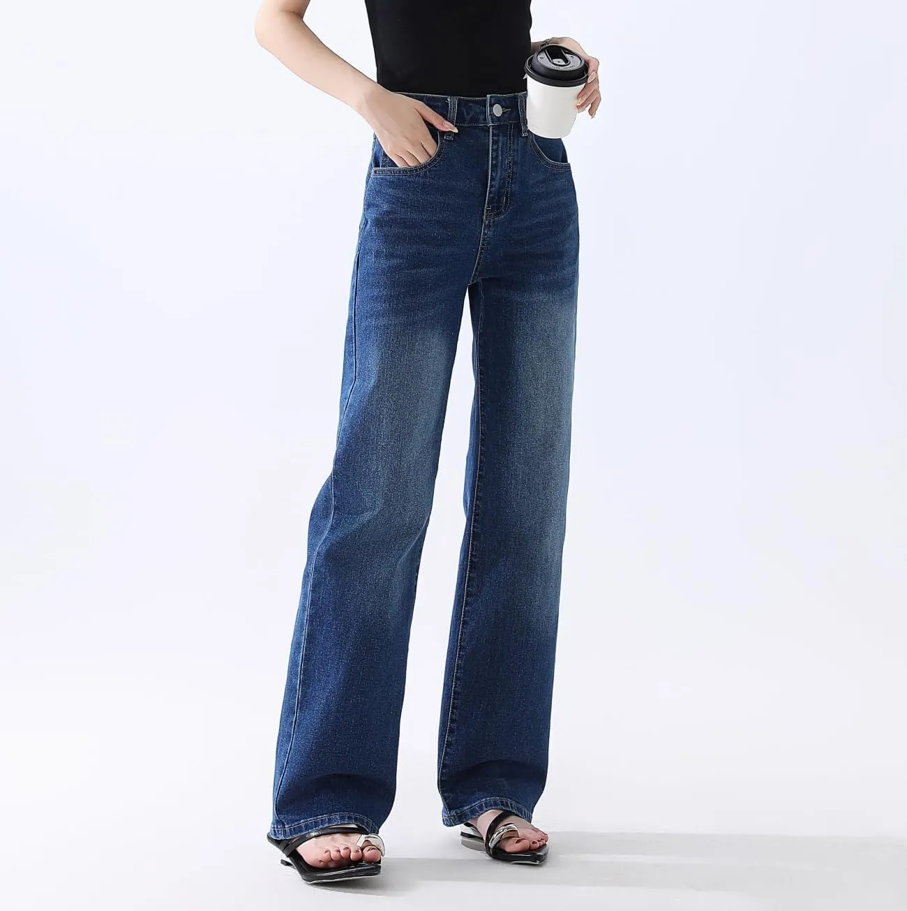 High Waisted Jeans for Women Straight Leg Stretchy Trendy Baggy Casual Lady Basic Wide Leg Denim Pants