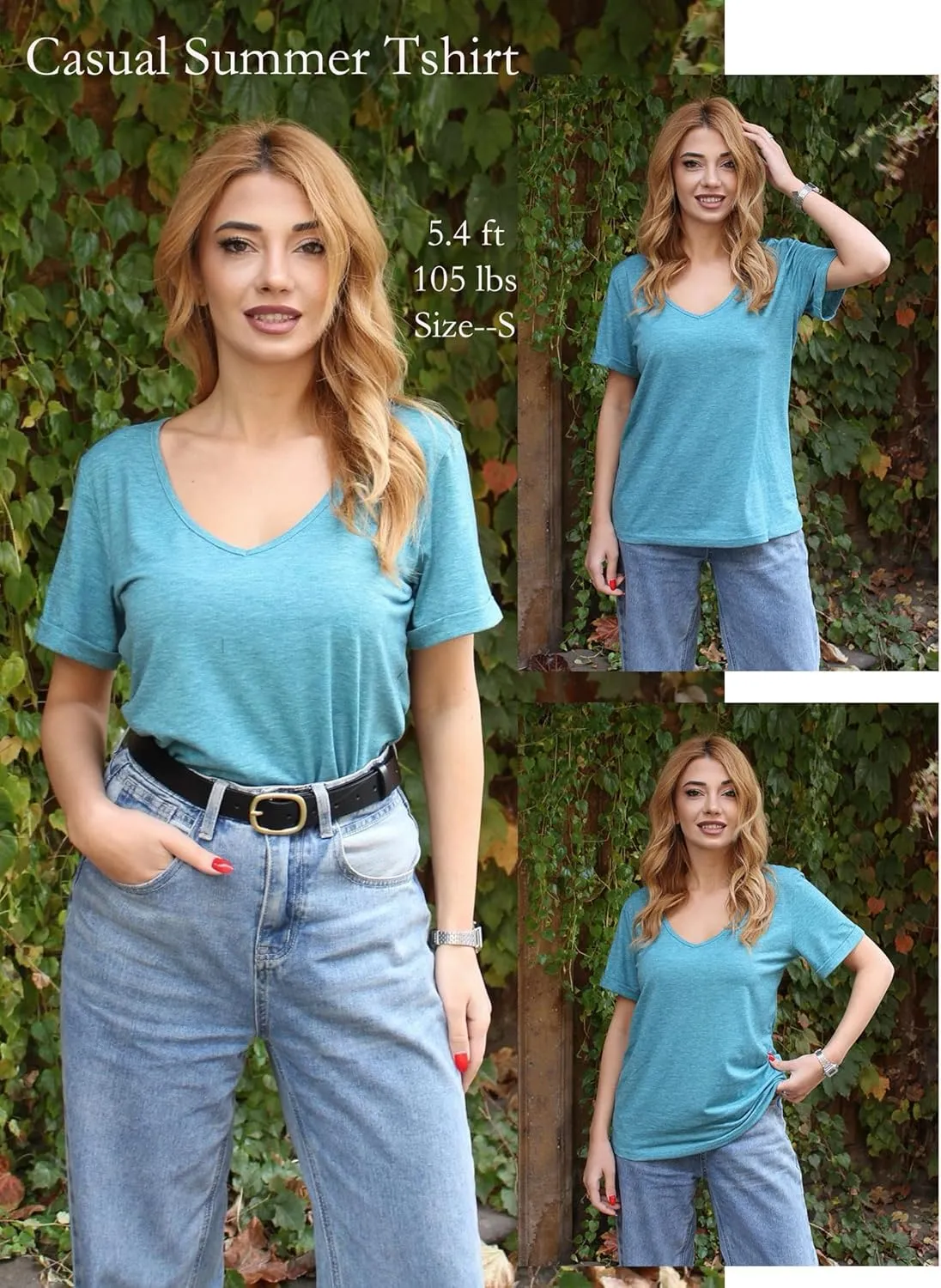 HOTOUCH Womens Summer Tops Roll-up Short Sleeve V Neck Basic T Shirts Workout Soft Fashion Trendy Plain Casual Tees