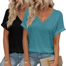 HOTOUCH Womens Summer Tops Roll-up Short Sleeve V Neck Basic T Shirts Workout Soft Fashion Trendy Plain Casual Tees