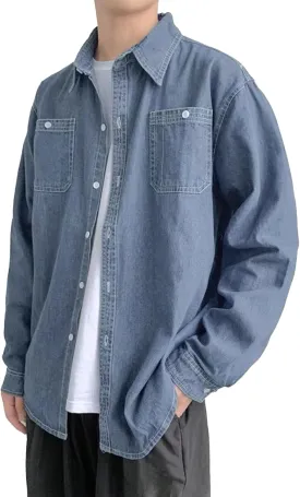 JEKE-DG Men's Button Down Vintage Denim Jacket Cotton Casual Outdoor Jean Shirt Long Sleeve Soft Trucker Jean Shirts
