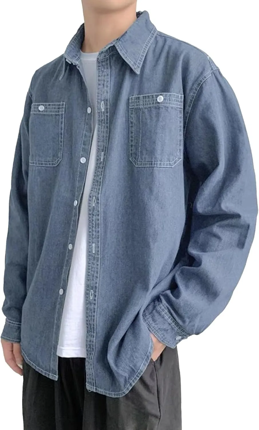 JEKE-DG Men's Button Down Vintage Denim Jacket Cotton Casual Outdoor Jean Shirt Long Sleeve Soft Trucker Jean Shirts