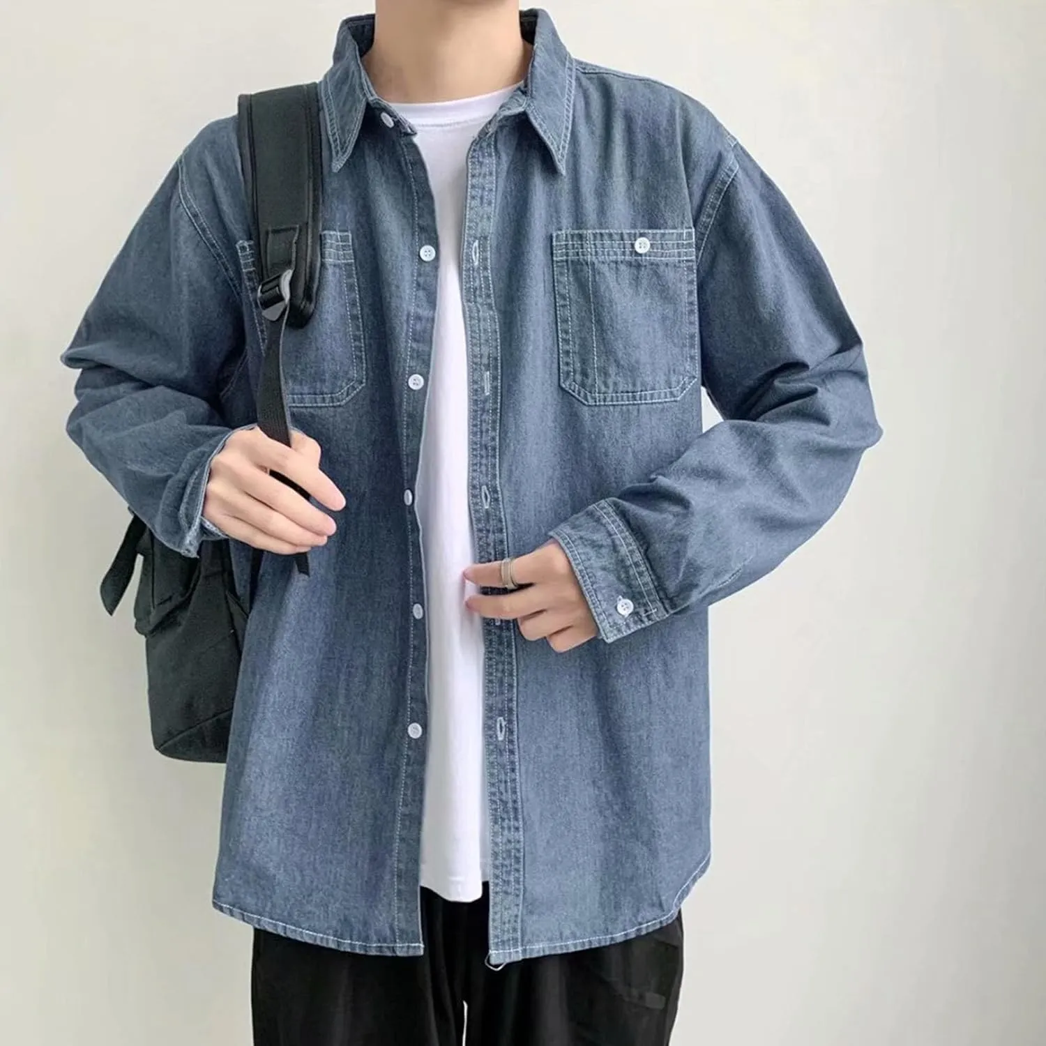 JEKE-DG Men's Button Down Vintage Denim Jacket Cotton Casual Outdoor Jean Shirt Long Sleeve Soft Trucker Jean Shirts