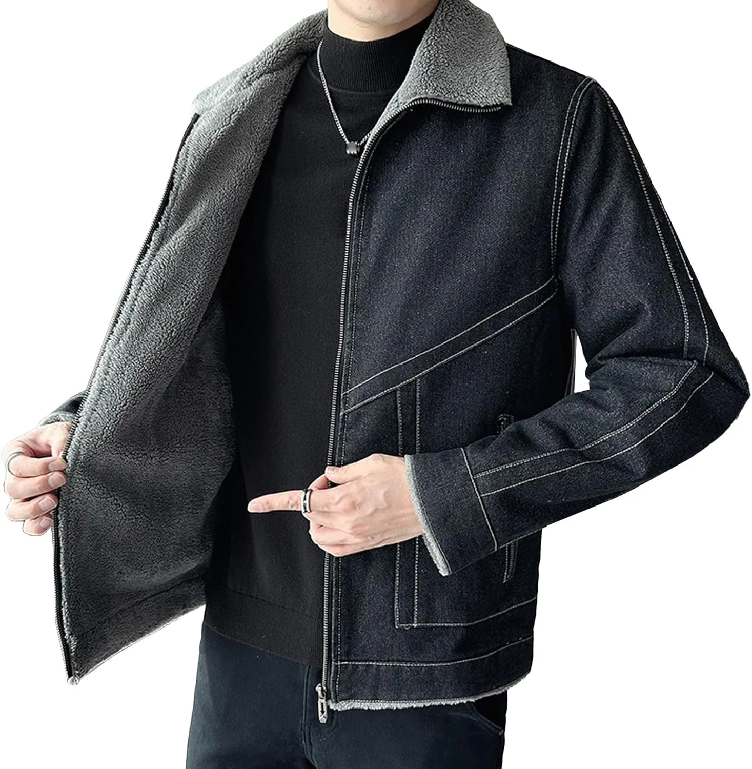 JEKE-DG Men's Full Zip Fall Winter Denim Jacket Lined Warm Vintage Jean Jacket Casual Biker Trucker Jean Coat