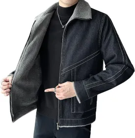 JEKE-DG Men's Full Zip Fall Winter Denim Jacket Lined Warm Vintage Jean Jacket Casual Biker Trucker Jean Coat