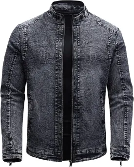 JEKE-DG Men's Lined Distressed Trucker Jean Jacket Casual Slim Fit Comfort Denim Jacket Vintage Zip Up Warm Jackets