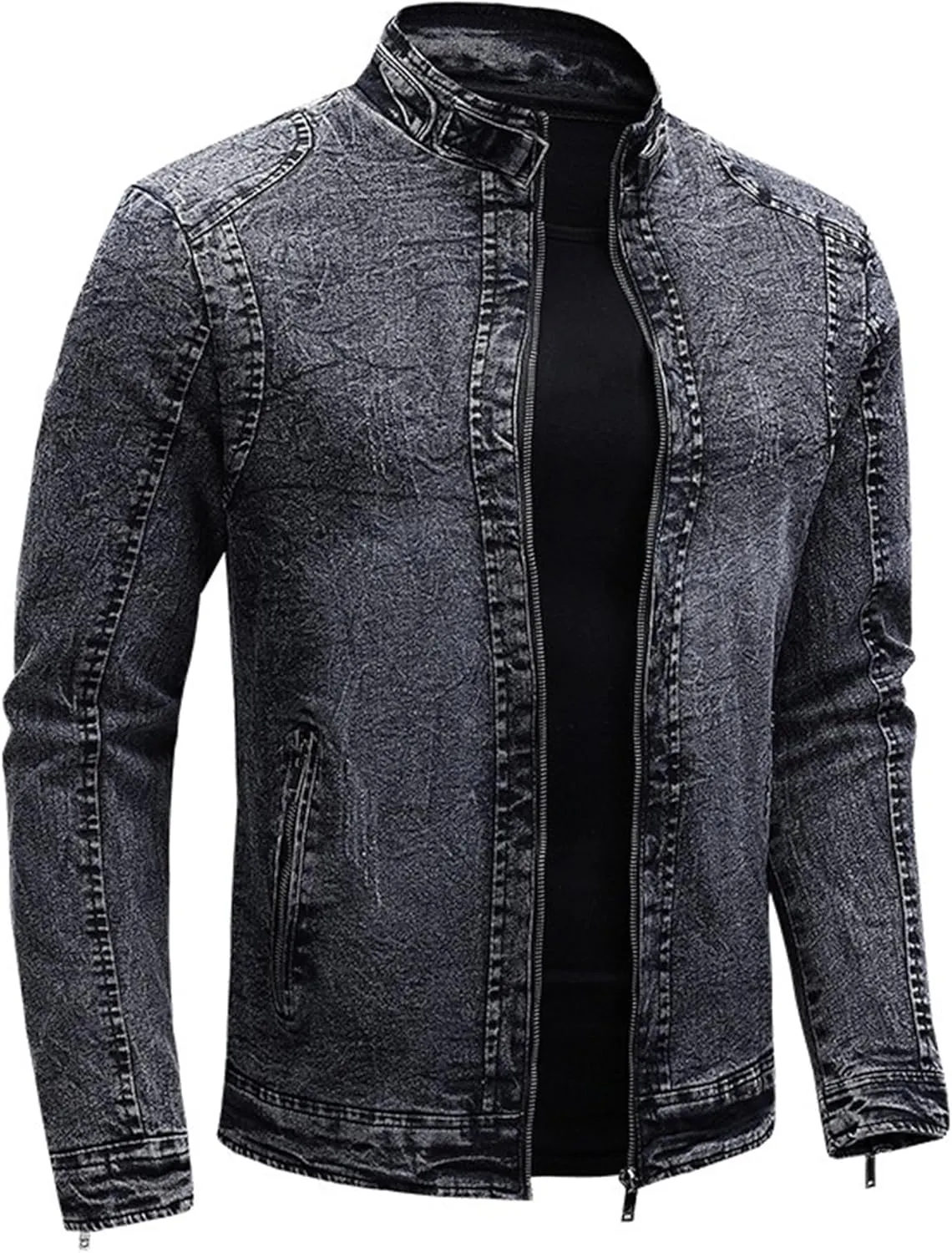 JEKE-DG Men's Lined Distressed Trucker Jean Jacket Casual Slim Fit Comfort Denim Jacket Vintage Zip Up Warm Jackets
