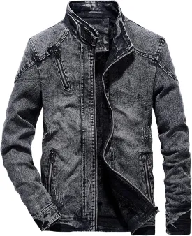 JEKE-DG Men's Lined Distressed Trucker Jean Jacket Casual Slim Fit Comfort Denim Jacket Vintage Zip Up Warm Jackets