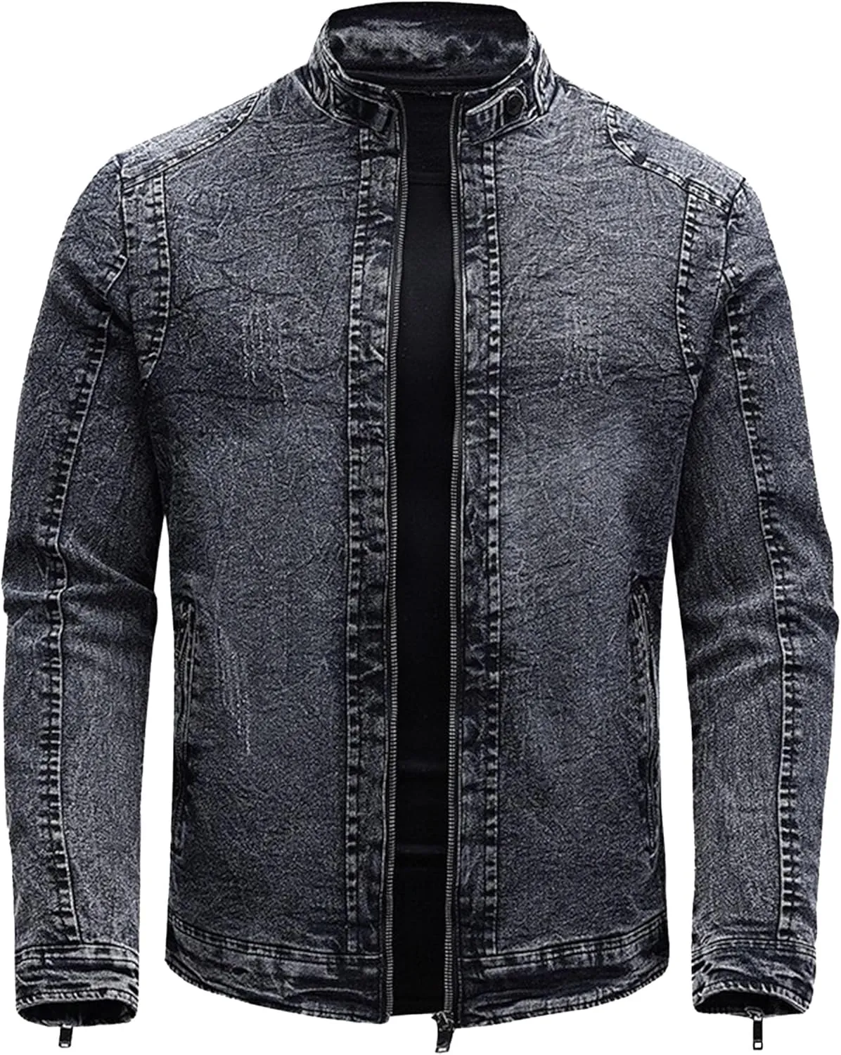 JEKE-DG Men's Lined Distressed Trucker Jean Jacket Casual Slim Fit Comfort Denim Jacket Vintage Zip Up Warm Jackets