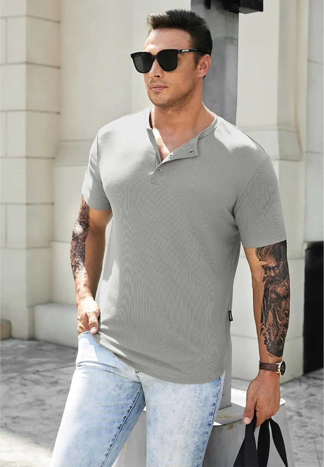 JMIERR Men's Muscle Slim Henley Shirts Crewneck Longline T-Shirt Gym Workout Athletic Shirt Tees with Button