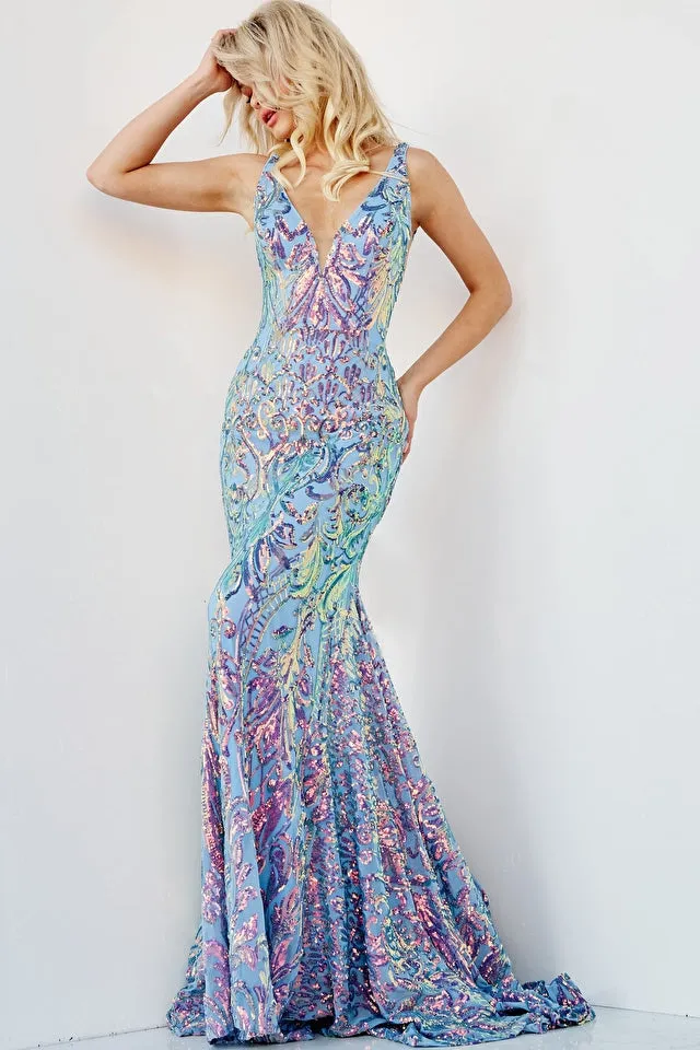 Jovani - 08099 - Iridescent Blue V Neck Open Back Dress