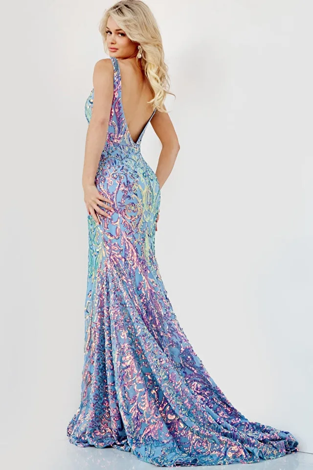 Jovani - 08099 - Iridescent Blue V Neck Open Back Dress