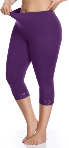 Kotii Women's Plus Size Lace Trim Capri Leggings Stretch Crop Leggings Summer Tights Pants