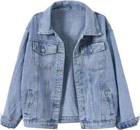 Locachy Women's Casual Denim Jacket Solid Color Basic Long Sleeve Jean Jacket Coat