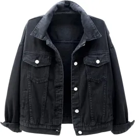 Locachy Women's Casual Denim Jacket Solid Color Basic Long Sleeve Jean Jacket Coat