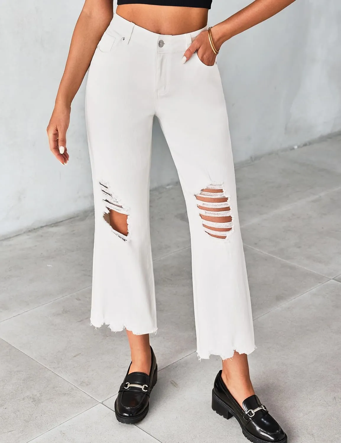 luvamia Wide Leg Jeans for Women Trendy High Waisted Flare Ripped Cropped Jeans Stretchy Distressed Denim Pants Raw Hem
