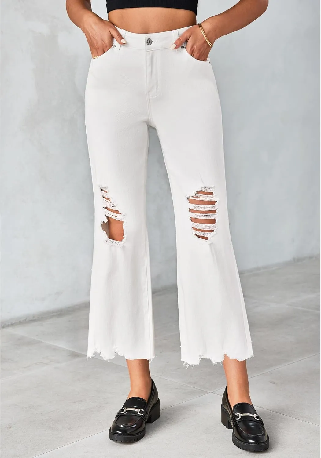 luvamia Wide Leg Jeans for Women Trendy High Waisted Flare Ripped Cropped Jeans Stretchy Distressed Denim Pants Raw Hem