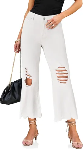 luvamia Wide Leg Jeans for Women Trendy High Waisted Flare Ripped Cropped Jeans Stretchy Distressed Denim Pants Raw Hem