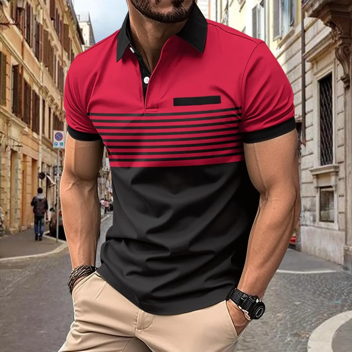 Mens Fashion Color Block Polo Shirts Casual Short Sleeve T Shirt Striped Moisture Wicking Golf Shirts Tops