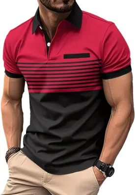 Mens Fashion Color Block Polo Shirts Casual Short Sleeve T Shirt Striped Moisture Wicking Golf Shirts Tops
