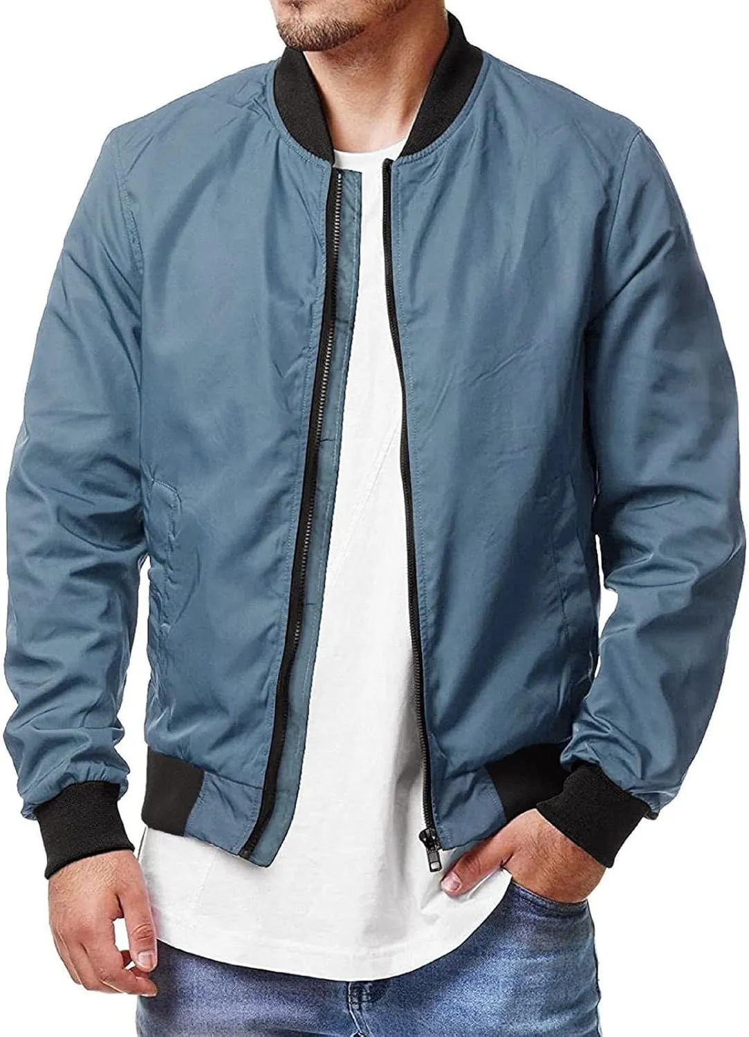 Men's Jackets Windproof Bomber Jacket Full Zip Winter Warm Padded Coats Light Weight Bomber Jacket with Pockets