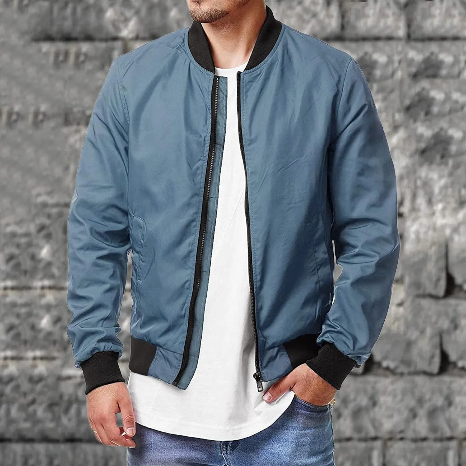 Men's Jackets Windproof Bomber Jacket Full Zip Winter Warm Padded Coats Light Weight Bomber Jacket with Pockets