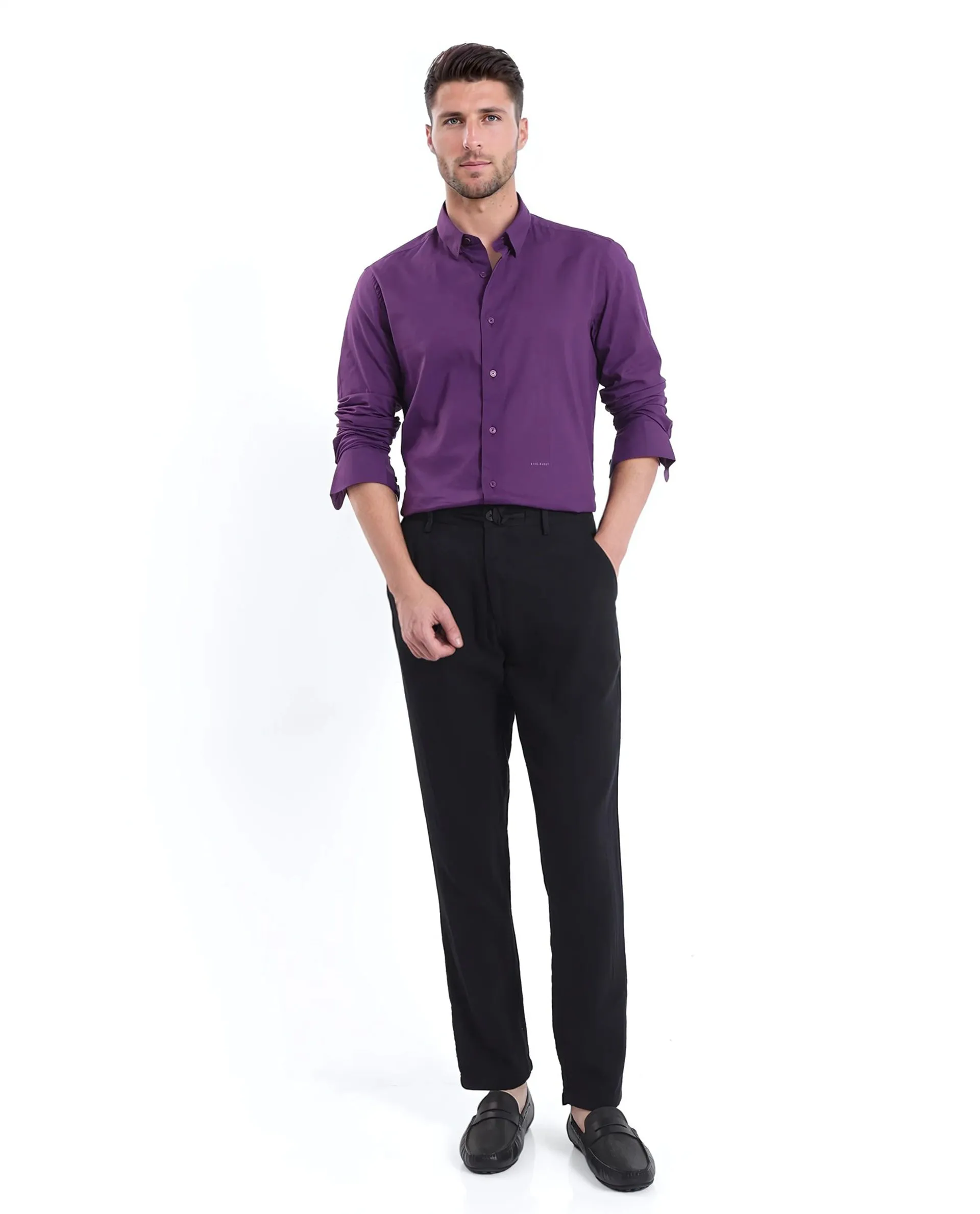 Rare Rabbit Men's Cambroc Dark Purple Cotton Fabric Full Sleeves Regular Fit Solid Shirt