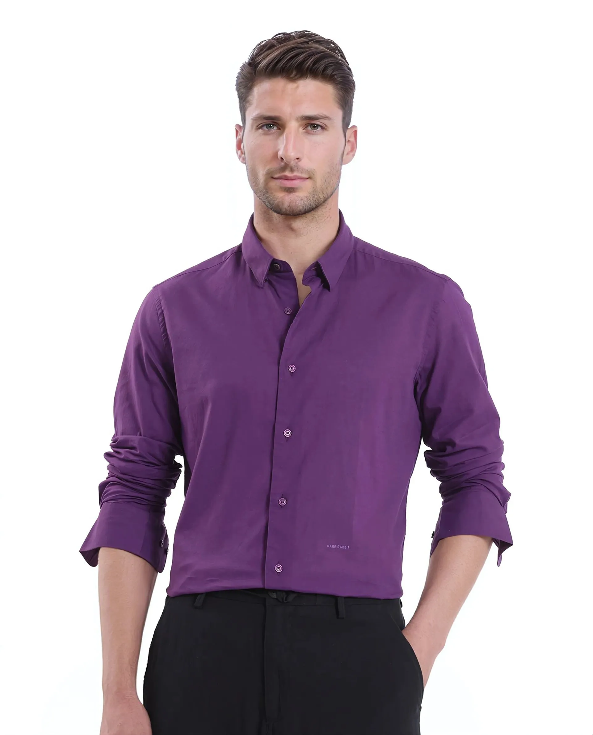 Rare Rabbit Men's Cambroc Dark Purple Cotton Fabric Full Sleeves Regular Fit Solid Shirt