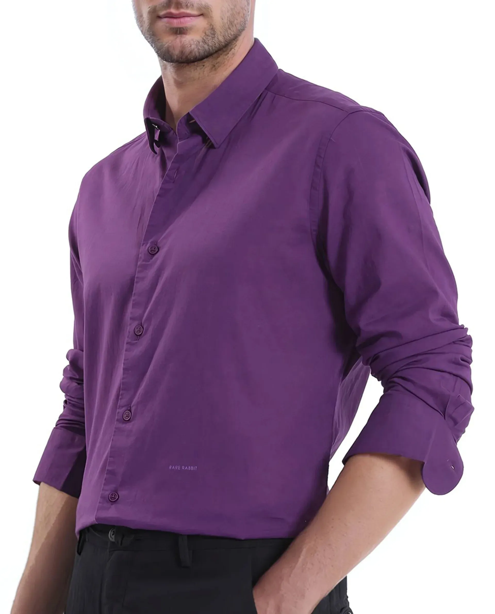 Rare Rabbit Men's Cambroc Dark Purple Cotton Fabric Full Sleeves Regular Fit Solid Shirt