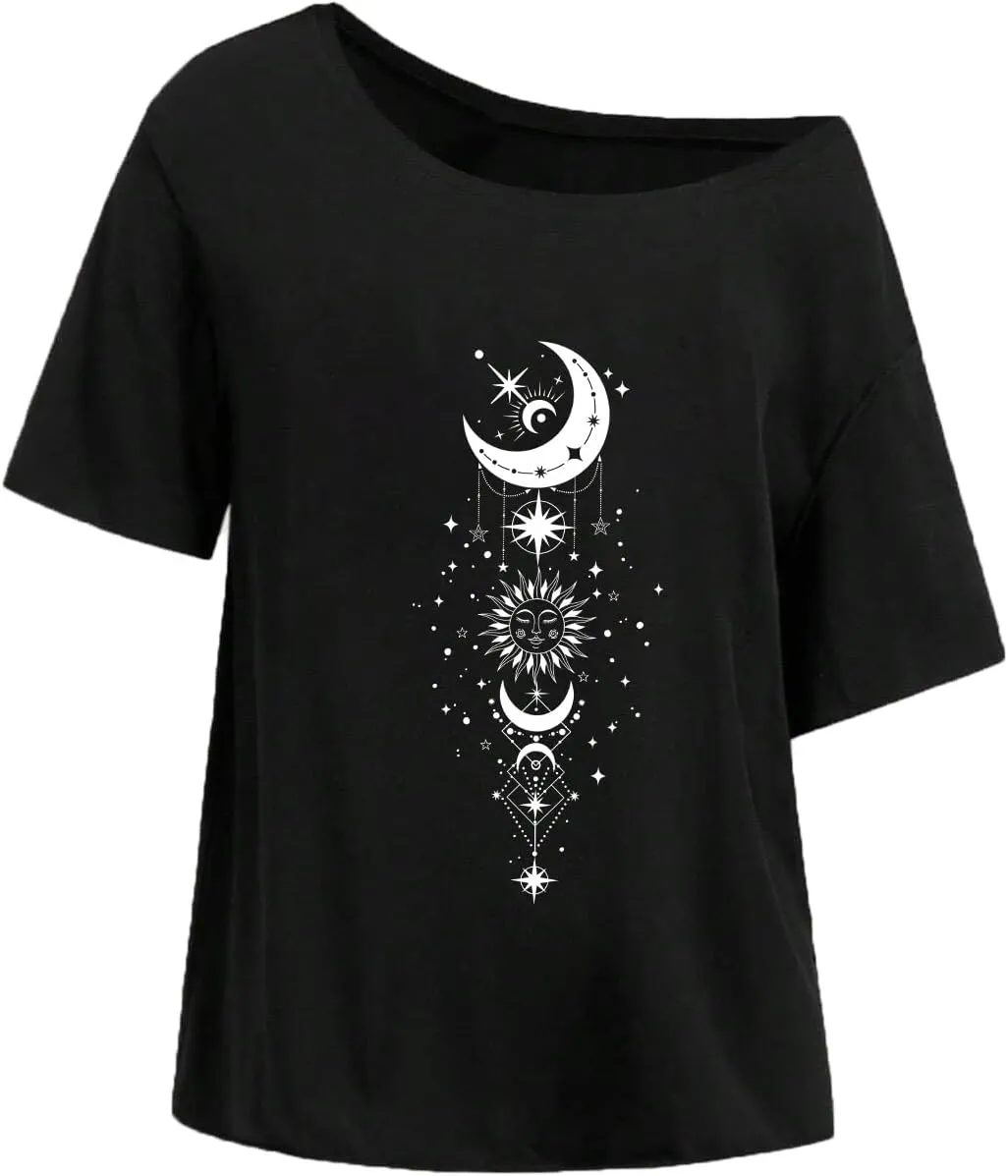 Remidoo Womens Off The Shoulder Top Oversized Tshirts Graphic Tee Short Sleeve Loose Shirt