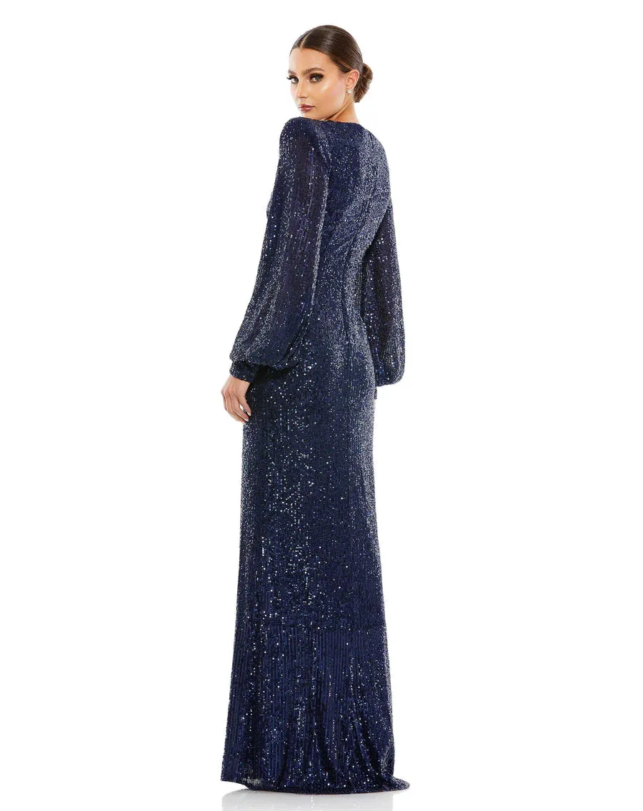 Sequin Plunge Bishop Sleeve in Navy
