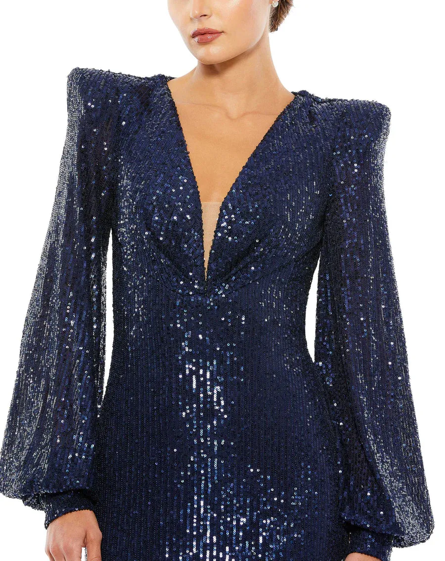 Sequin Plunge Bishop Sleeve in Navy