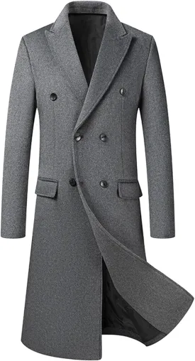 Sexyshine Mens Full Length Wool Trench Coat Notched Lapel Double Breasted Long Overcoat Windbreaker Pea Coat Jacket