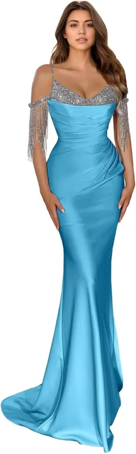 Spaghetti Straps Mermaid Prom Dresses 2024 Long Sparkly Sequin Off The Shoulder Beaded Formal Evening Party Gowns DR0630