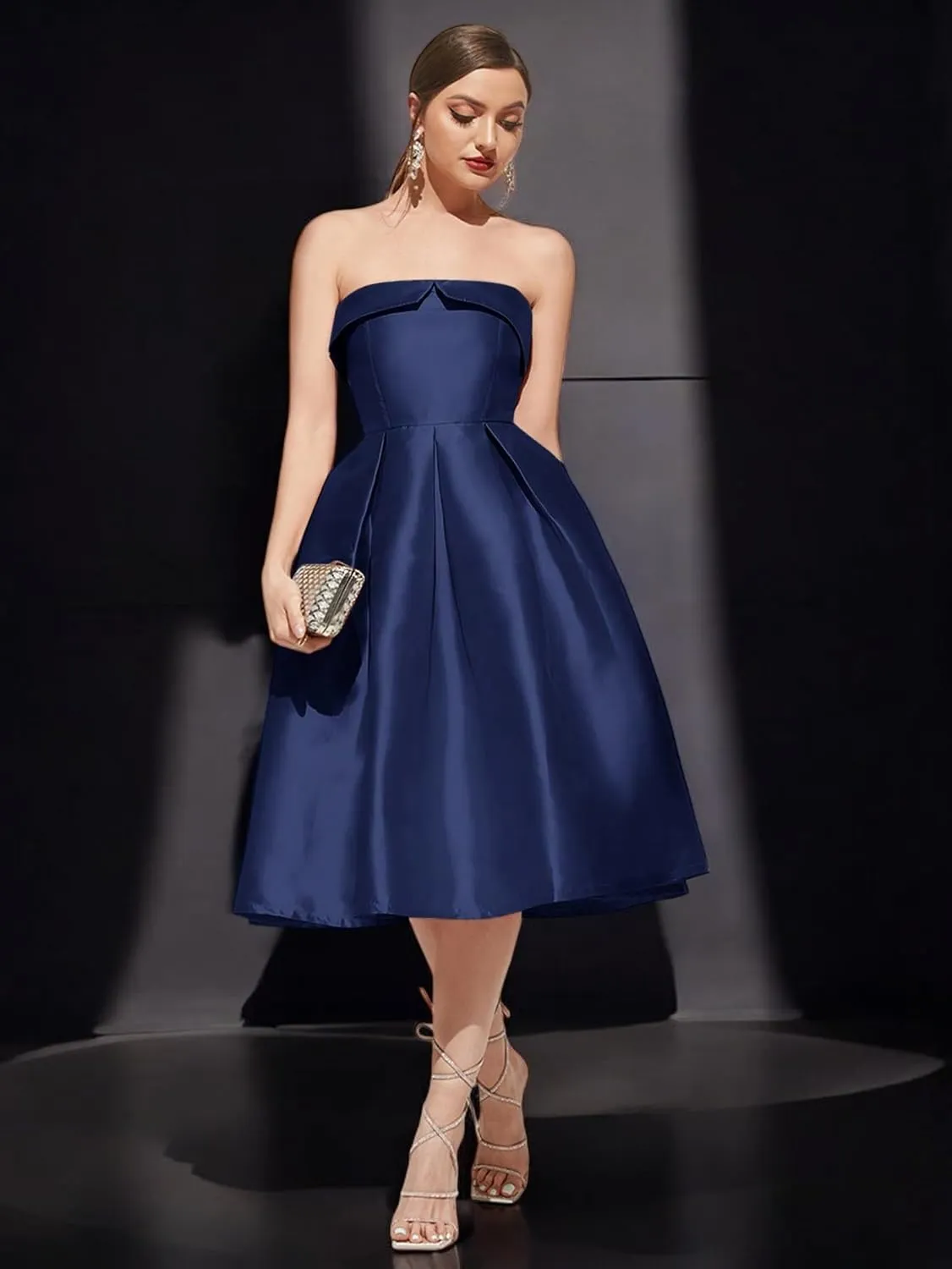 Strapless Satin A-Line Cocktail Dress for Women  Elegant Prom, Wedding,Formal Evening Gown with Pleated Skirt