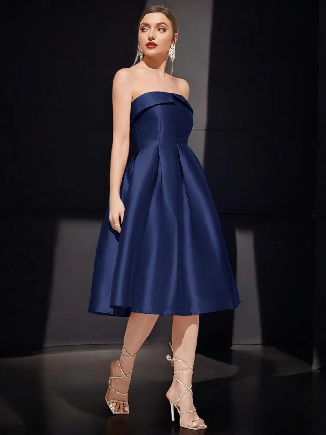 Strapless Satin A-Line Cocktail Dress for Women  Elegant Prom, Wedding,Formal Evening Gown with Pleated Skirt