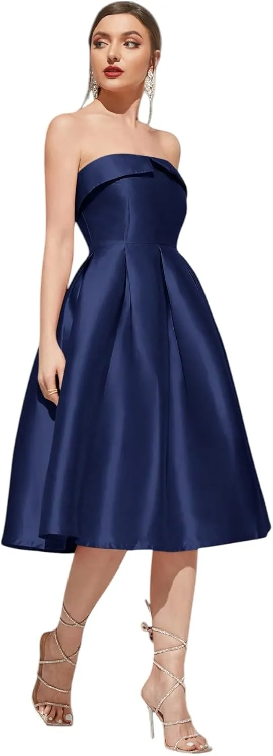 Strapless Satin A-Line Cocktail Dress for Women  Elegant Prom, Wedding,Formal Evening Gown with Pleated Skirt