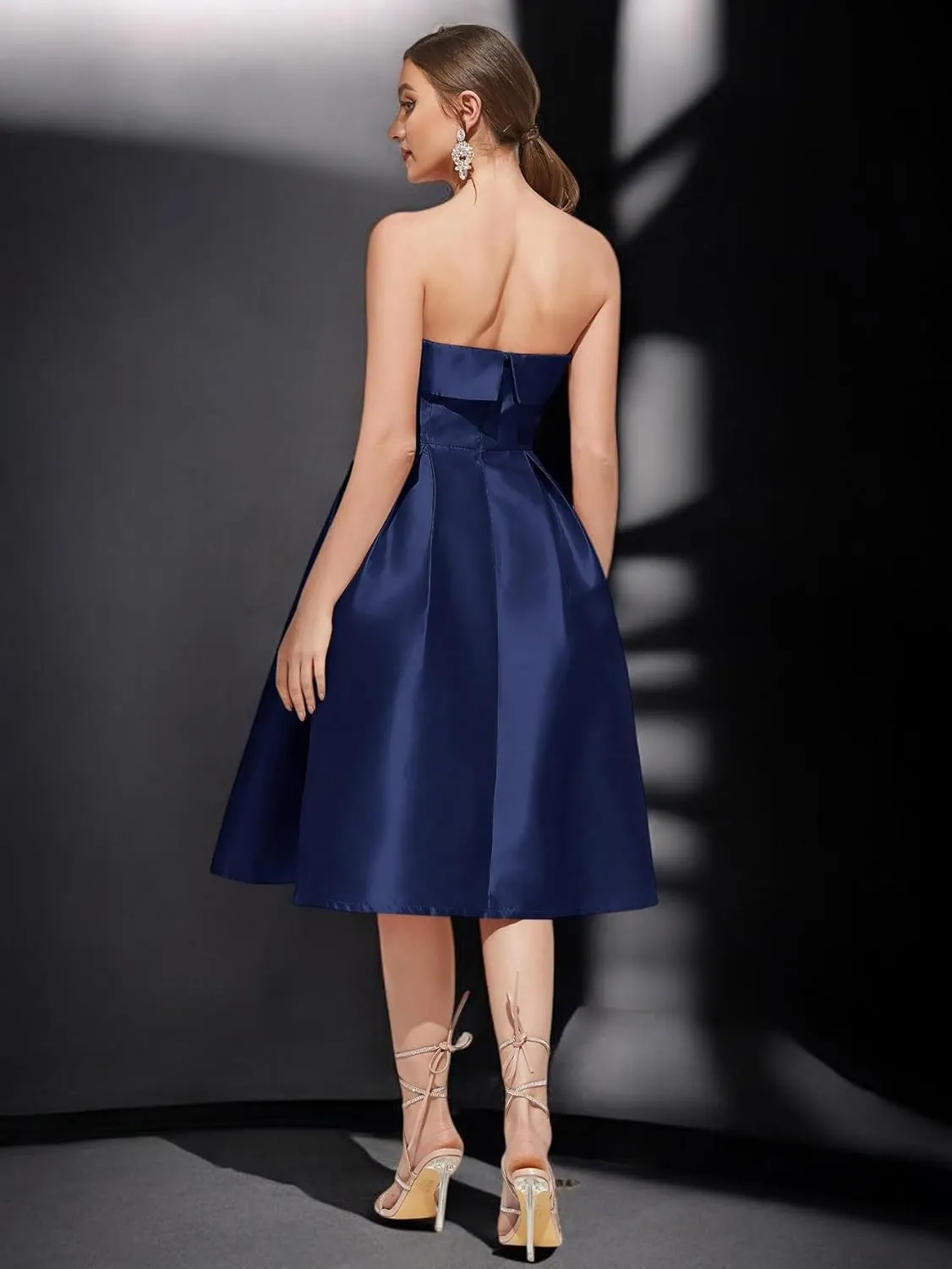 Strapless Satin A-Line Cocktail Dress for Women  Elegant Prom, Wedding,Formal Evening Gown with Pleated Skirt
