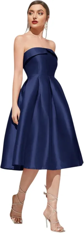 Strapless Satin A-Line Cocktail Dress for Women  Elegant Prom, Wedding,Formal Evening Gown with Pleated Skirt