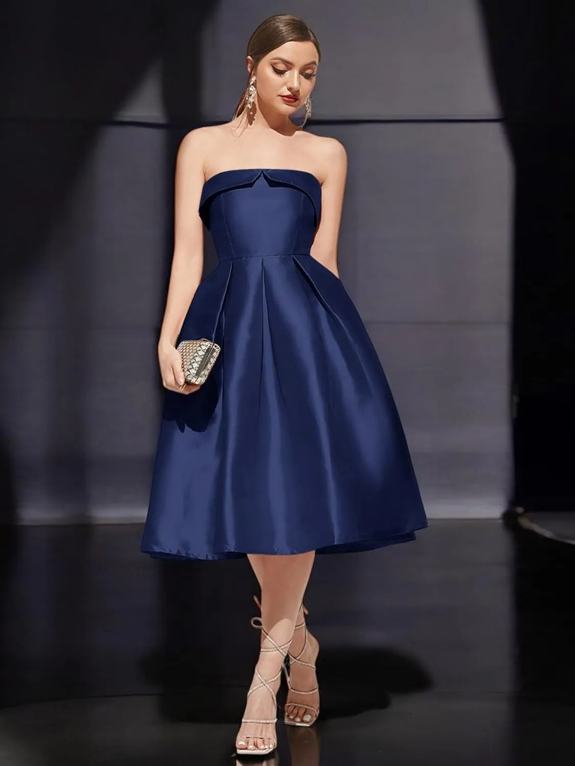 Strapless Satin A-Line Cocktail Dress for Women  Elegant Prom, Wedding,Formal Evening Gown with Pleated Skirt