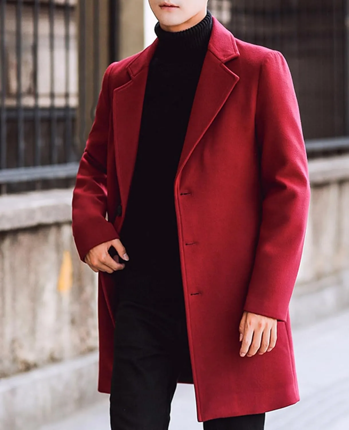 ThCreasa Mens Wool Blend Trench Coat Single Breasted Notch Lapel Walker Mid-Length Classic Pea Top Coat