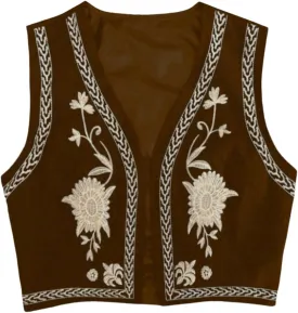 Verdusa Women's Vintage Embroidery Vest Top Open Front Sleeveless Cropped Cardigan Boho Cowgirl Vest Jacket