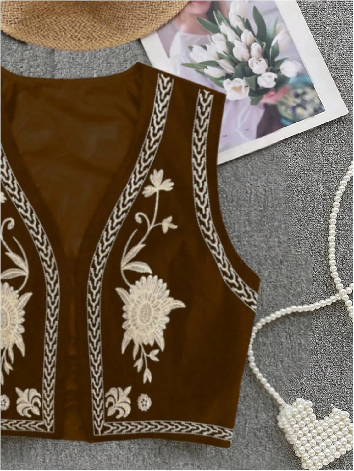 Verdusa Women's Vintage Embroidery Vest Top Open Front Sleeveless Cropped Cardigan Boho Cowgirl Vest Jacket